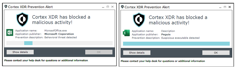 Image 24 is two screenshots of Cortex XDR prevention alerts. Cortex XDR has blocked a malicious activity. For both screenshots, it shows the application name, application, publisher, and the prevention description. The end-user can see the details, or just hit OK.