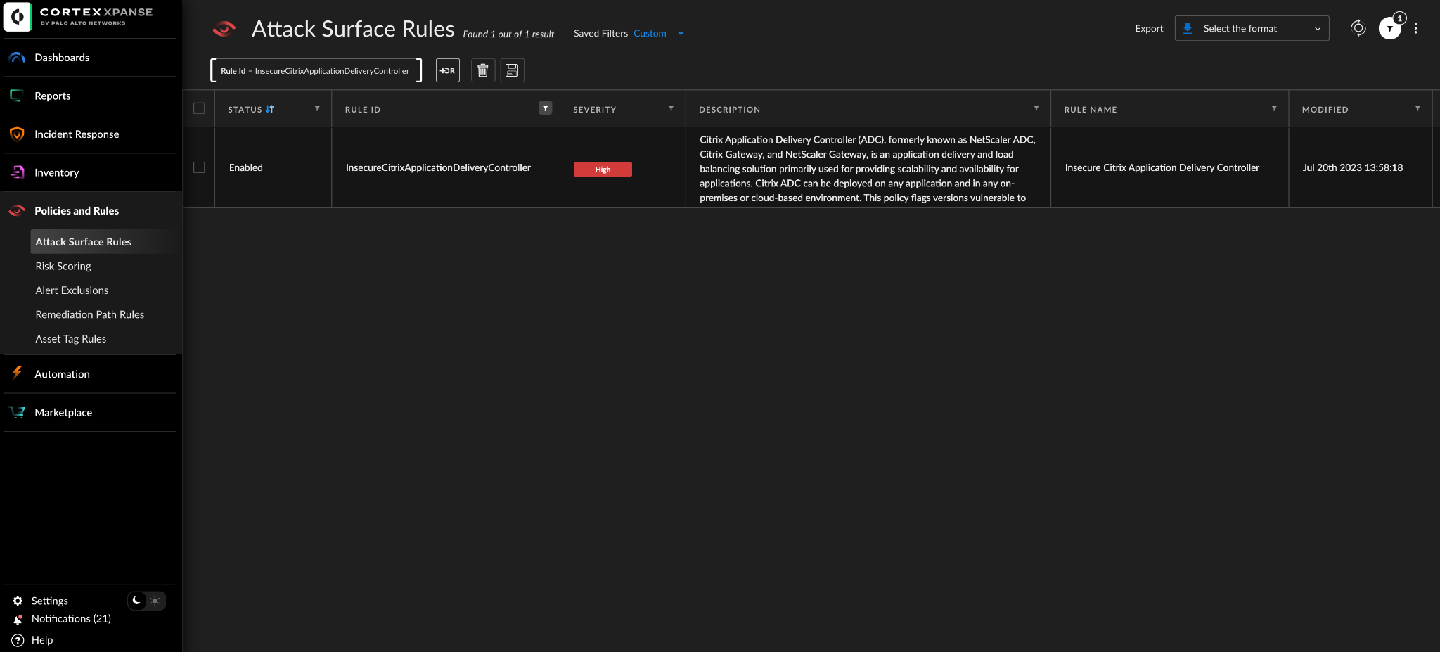 Image 1 is a screenshot of the Cortex Xpanse interface. On the left is a menu. The policies and rules tab has been selected, and from that menu attack surface rules has been selected. The attack surface rules include a table that lists status, build ID, severity, a description, the rule name, and when it was modified. This all lists the information for CVE-2023-3519 affecting Citrix.