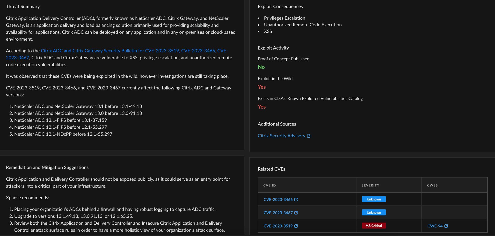 Image 2 is a screenshot of the Cortex Xpanse interface that lists the threat summary for CVE-2023-3519, including remediation and mediation, suggestions, and the exploit consequences. It also has a table of related CVEs.