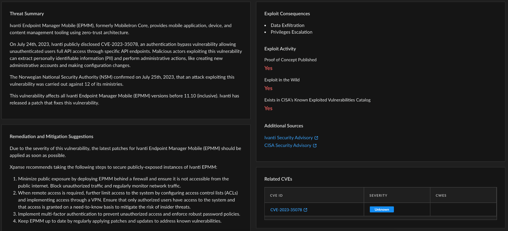 Image 4 is a screenshot of the Cortex Xpanse interface that lists the threat summary for CVE-2023-35078, including remediation and mediation, suggestions, and the exploit consequences. It also has a table of related CVEs.