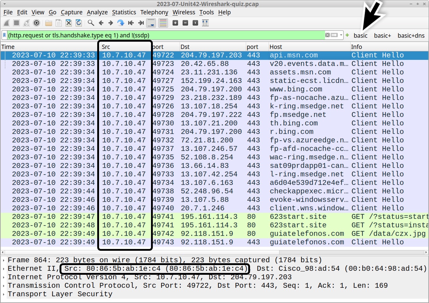 Image 1 is a screenshot of Wireshark. Highlighted in a black box in the Source column are the source addresses. A black arrow points to “basic” filter. Highlighted in a second black box on the bottom is a second address.