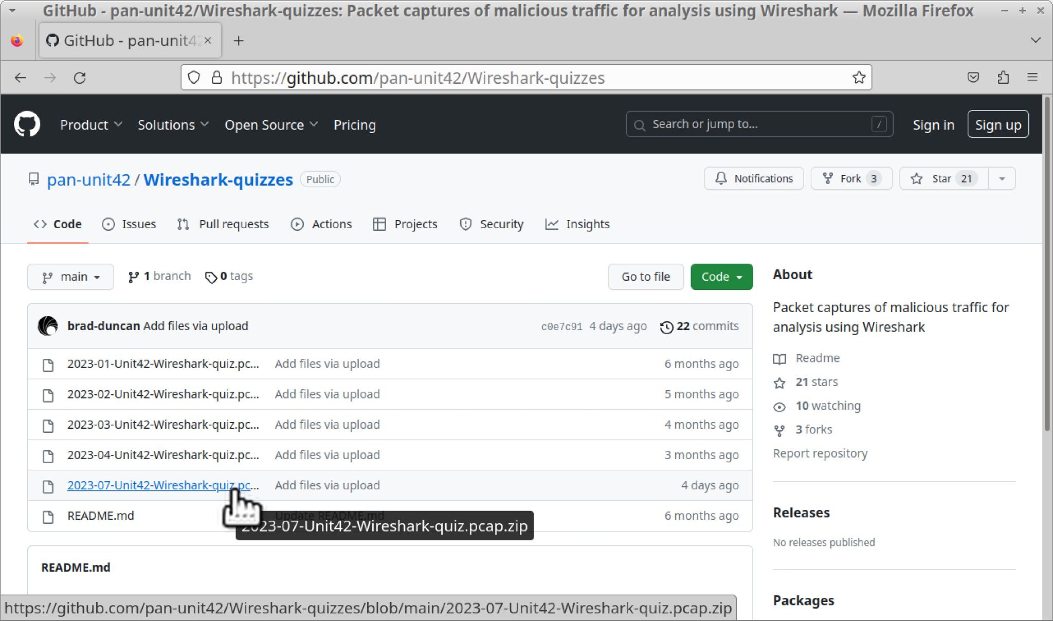 Image 1 is a screenshot of the GitHub repository for the Unit 42 Wireshark quizzes. 