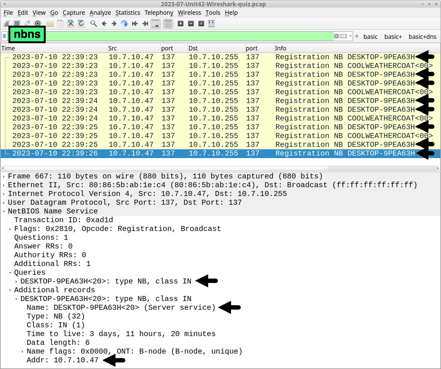 Image 2 is a screenshot of Wireshark. A green box indicates that the traffic filter is NBNS. Black arrows in the traffic window indicate DESKTOP-9PEA63H in the info column. Black arrows in the bottom window indicate the queries, name and address.