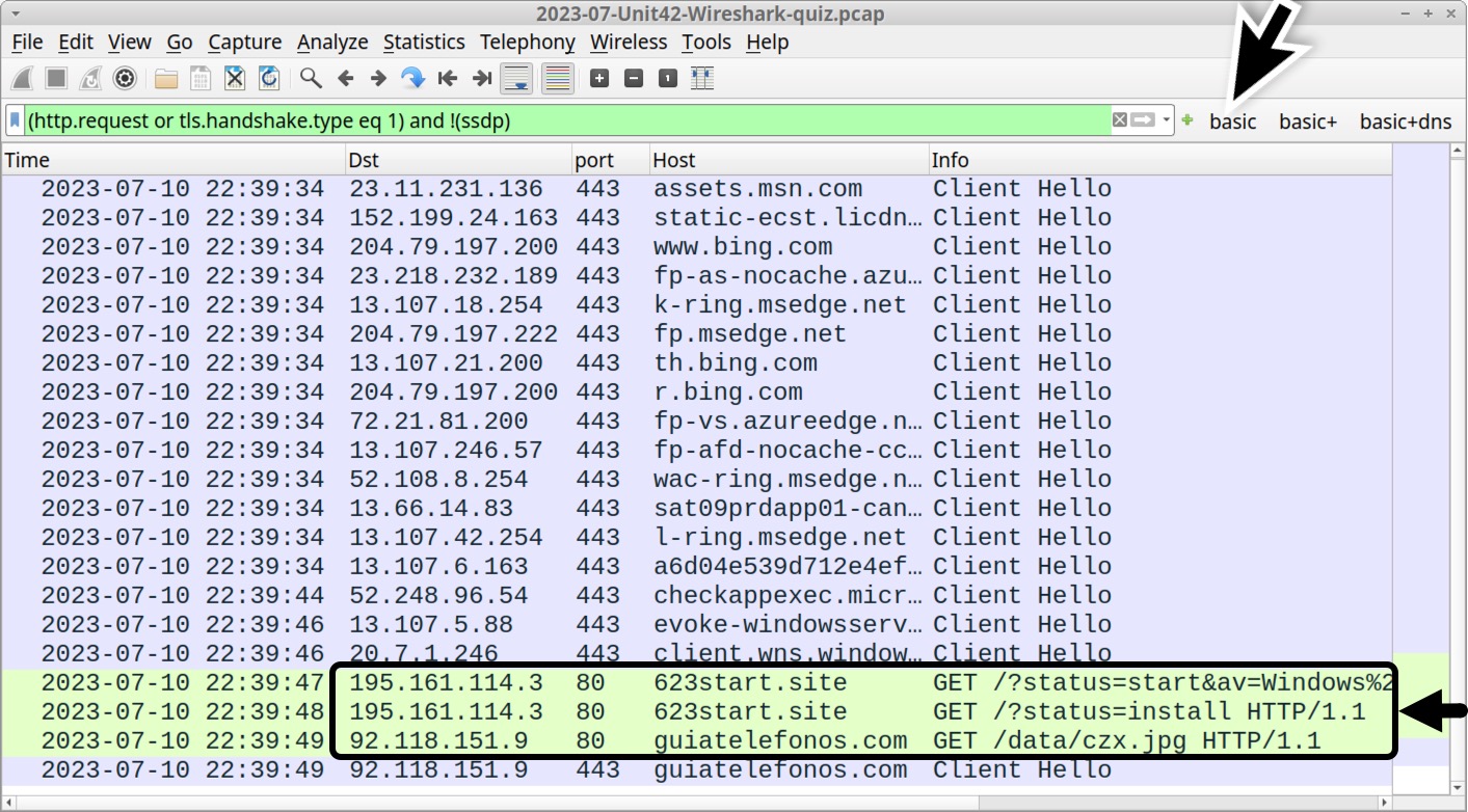 Image 4 is a screenshot of Wireshark. A black arrow indicates the basic filter has been applied. Surrounded by a black outline are three lines in the Dst, port, Host and Info columns. These are the unencrypted HTTP GET requests.