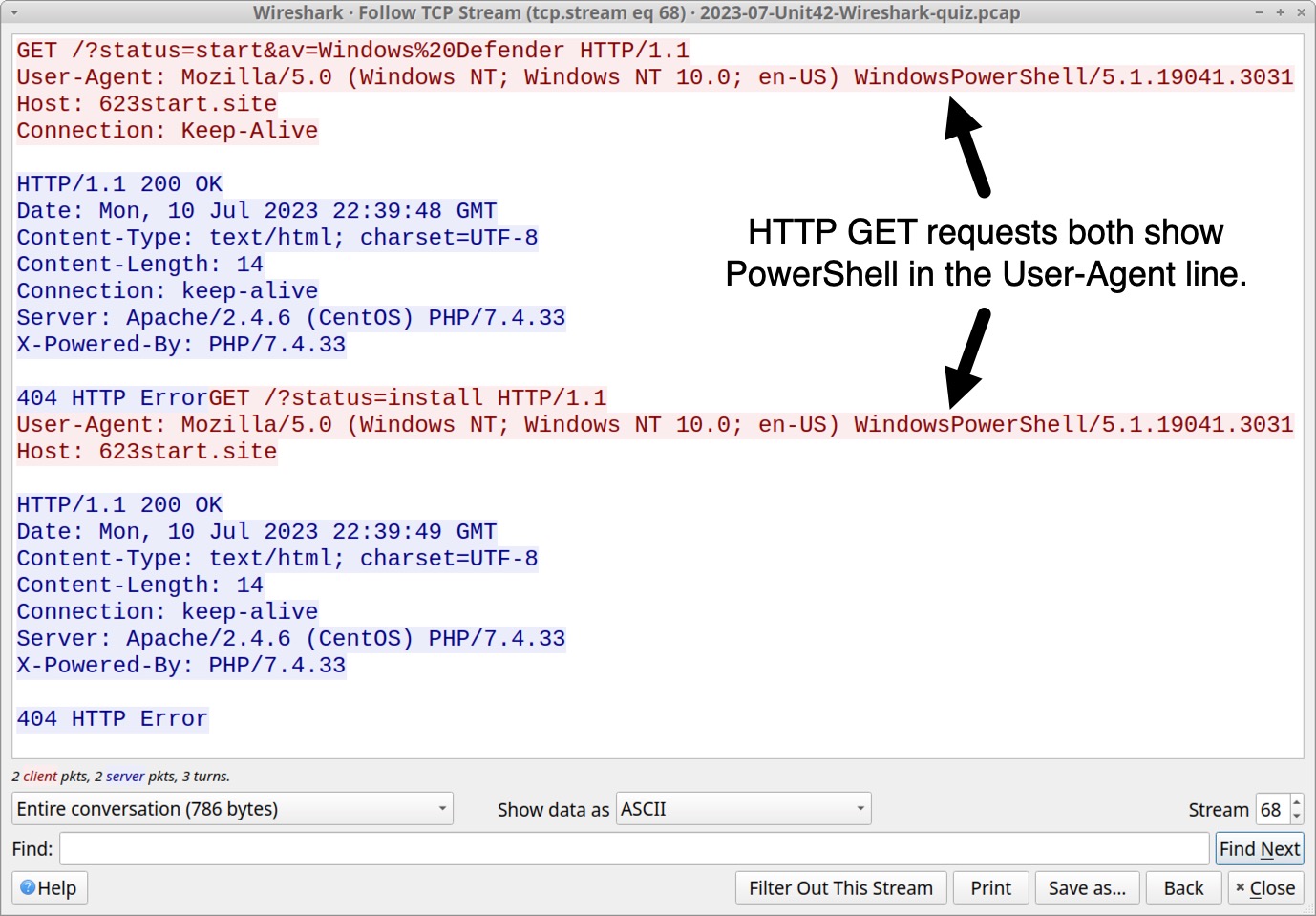 Image 5 is a screenshot of Wireshark’s TCP stream window. Indicated by the black arrows pointing to the red text is the HTTP GET requests that both show PowerShell in the User-Agent line.