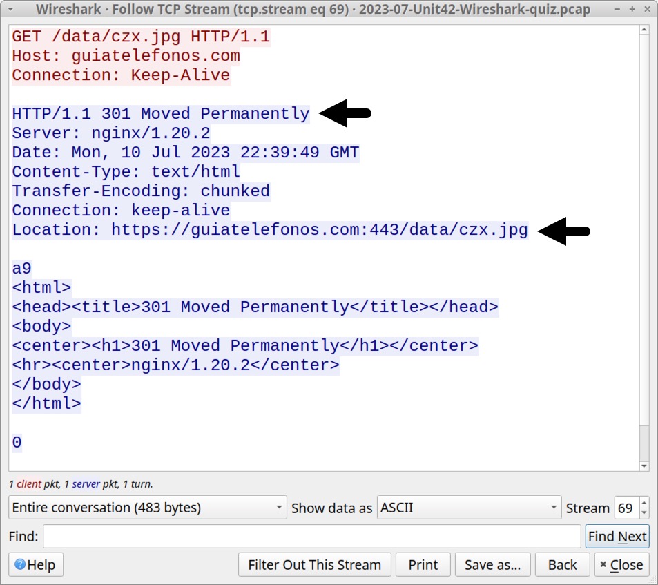 Image 6 is a screenshot of Wireshark’s TCP stream window. A black arrow points to the HTTP URL. The second black arrow points to the location line, which is the URL of a JPEG. This URL has been reported as a RedLine stealer malware binary.