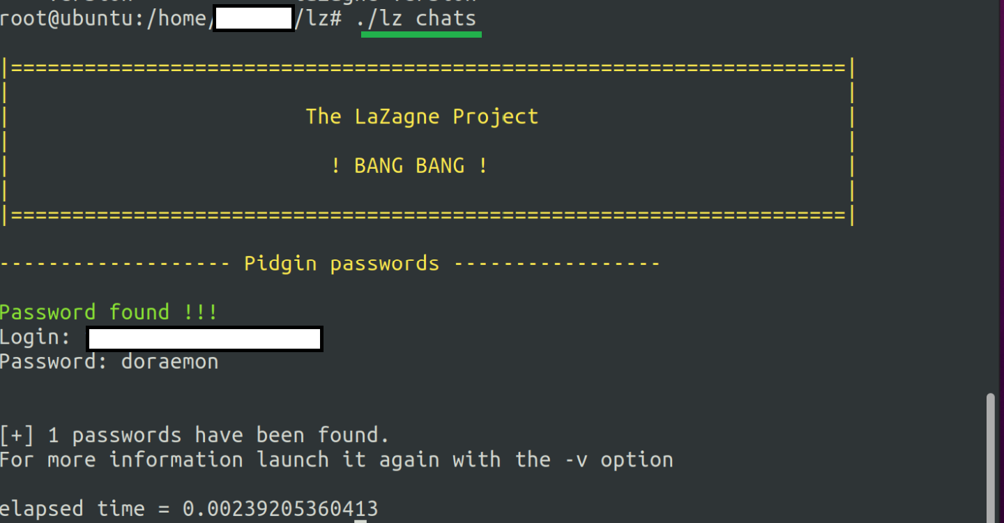 Image 1 is a screenshot of the LaZagne project fetching account credentials. Some of the information is redacted. Under the text Pidgin passwords, there is a notification that a password has been found, listing a login (redacted), and the password. Also included is the option to launch the program again using -v. The elapsed time is also listed.