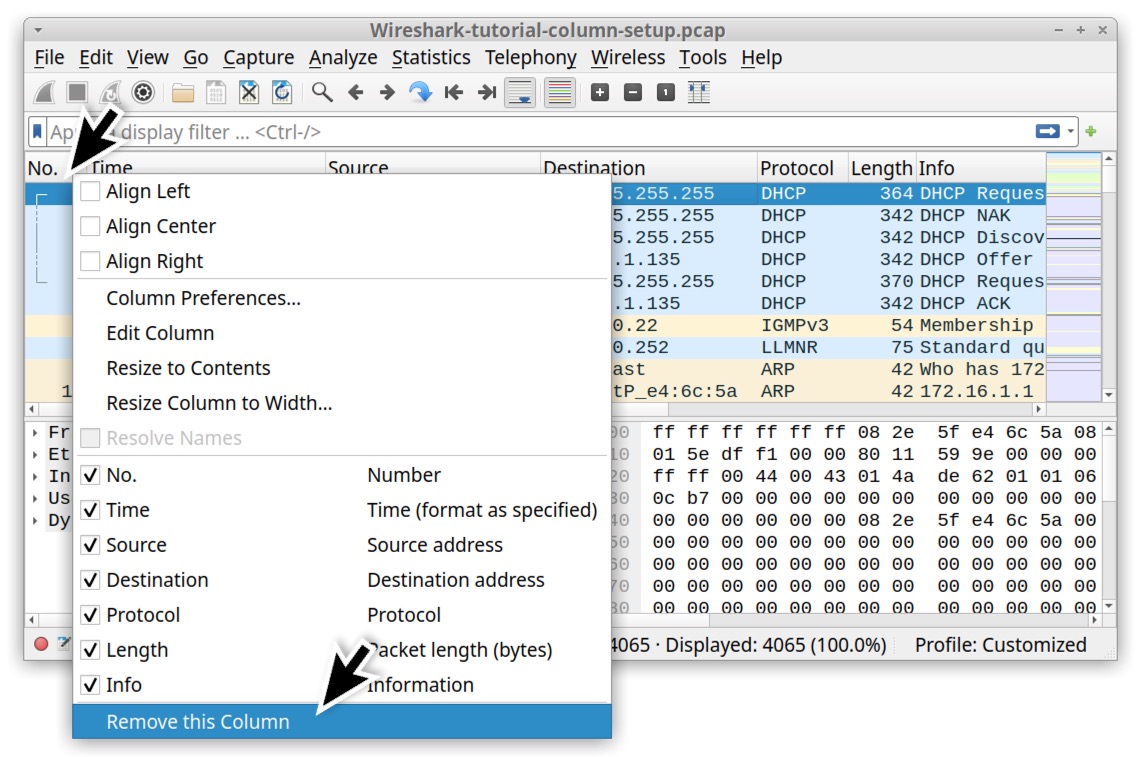 Image 10 is a screenshot of Wireshark’s column display? A black arrow indicates the number column. By clicking on this column, you can select “remove this column” on the very bottom, as indicated by another black arrow.