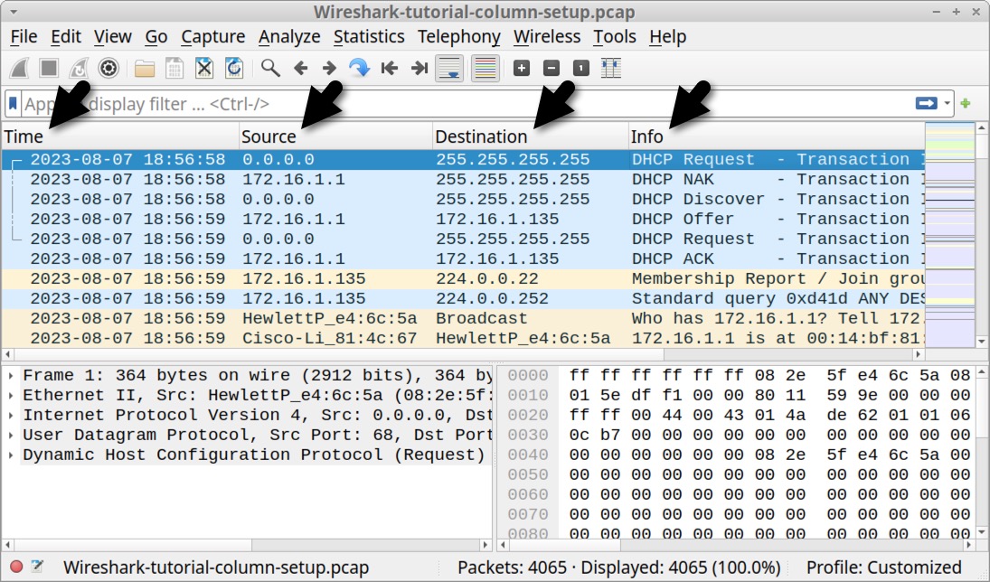 Image 11 is a Wireshark screenshot showing the four columns in the updated column display. These are time, source, destination, and info.