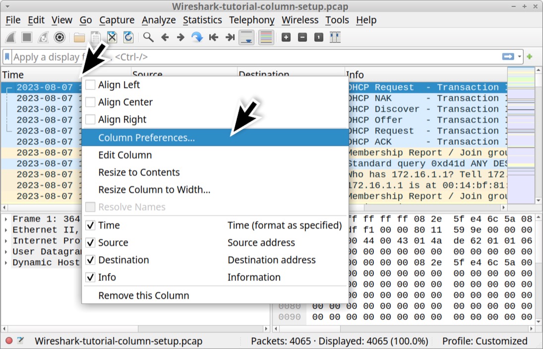 Image 12 is a screenshot of Wireshark's column preferences window, which displays after right-clicking on any of the columns in the column view. These are indicated by black arrows.
