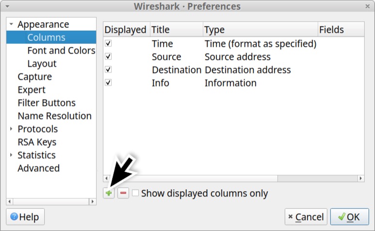 Image 13 is the Preferences window in Wireshark. Under the Appearance menu on the left, Columns has been selected. A black arrow indicates to select the green plus sign to add a new column to Wireshark's column display.