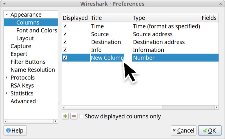 Image 14 is the Preferences window in Wireshark. Under the Appearance menu on the left, Columns has been selected. A black arrow indicates that a new column has been created. The title is New Column. The type is Number.