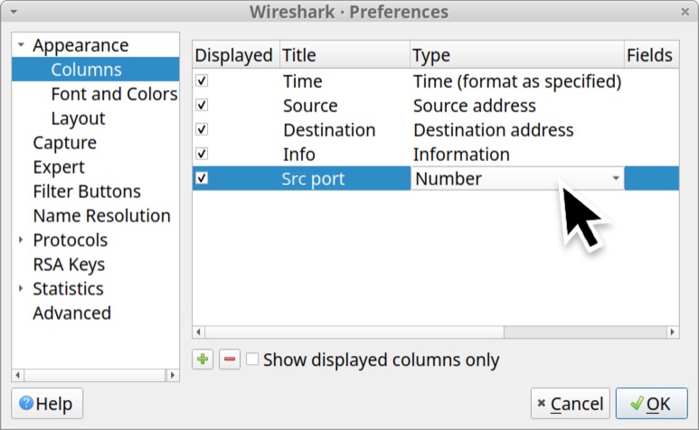 Image 15 is the Preferences window in Wireshark. Under the Appearance menu on the left, Columns has been selected. A black arrow indicates that the type of new column that has been created is Number. The title is now Src port.