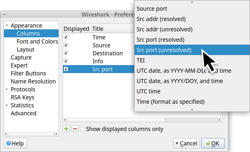 Image 16 is the Preferences window in Wireshark. Under the Appearance menu on the left, Columns has been selected. A black arrow indicates how to select Src port (unresolved) as the type.