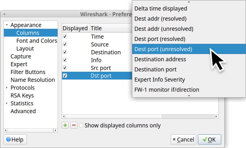Image 17 is the Preferences window in Wireshark. Under the Appearance menu on the left, Columns has been selected. A black arrow indicates that another new column has been created and the type is Dest port (unresolved).