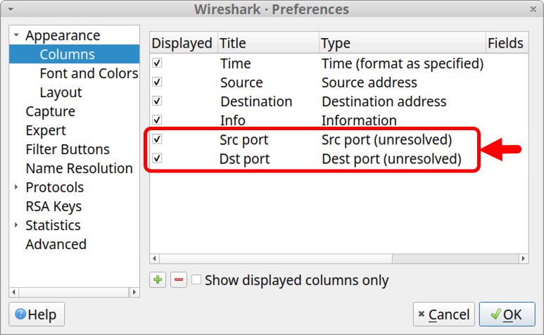 Image 18 is the Preferences window in Wireshark. Under the Appearance menu on the left, Columns has been selected. A red rectangle and a red arrow indicate that to new columns have been created that have been added to the column display. They are sore support and destination port. Both are unresolved.