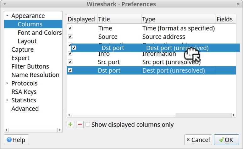 Image 19 is the Preferences window in Wireshark. Under the Appearance menu on the left, Columns has been selected. The icon of a gripped hand with an arrow indicates that the destination port is being moved, and the order of the columns has now changed.