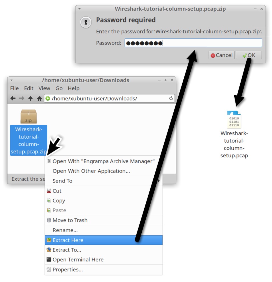 Image 2 is how to extract the zip file to the end user’s download folder. After clicking on zip file in the downloads folder, a black arrow points to the menu where “Extract Here” is selected. A popup for a password has a filled password field. After hitting the button with a green check that says “OK” the .pcap file is extracted.