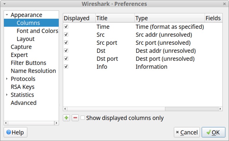 Image 20 is the Preferences window in Wireshark. Under the Appearance menu on the left, Columns has been selected. The columns now display in a different order. From top to bottom, these are time, source, source port, destination, destination port, and information.