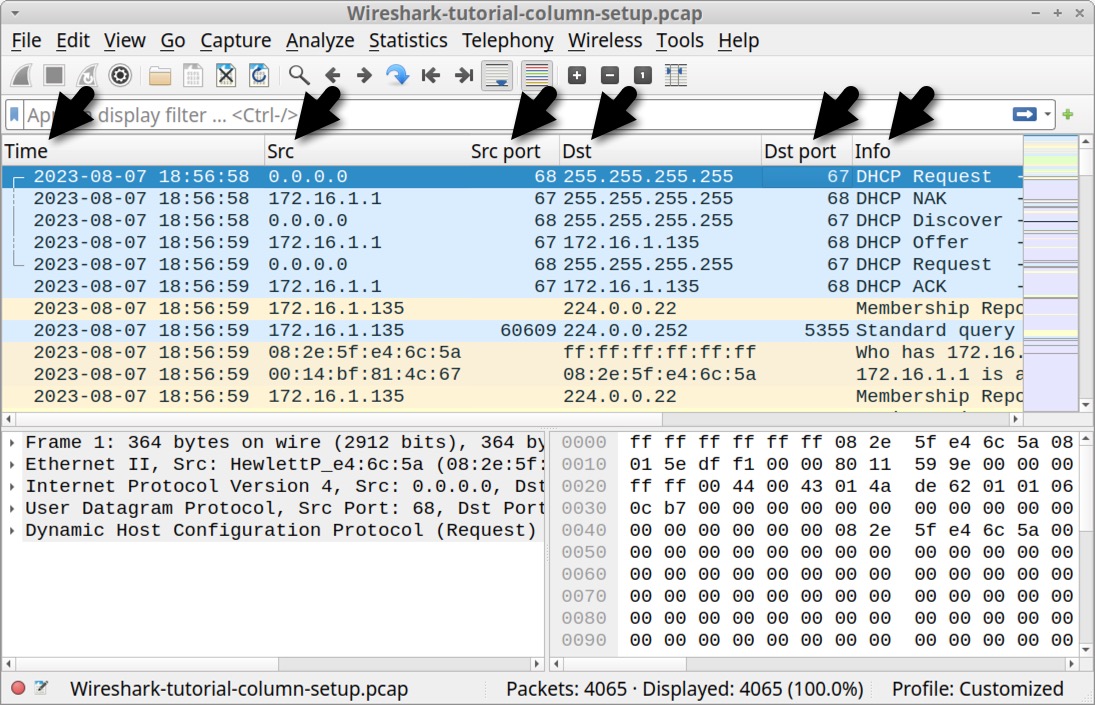 Image 21 is the column display in Wireshark, showing the new columns that were added. Black arrows indicate their name and their order.