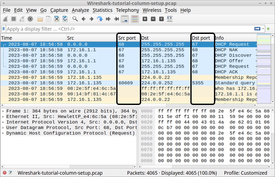 Image 23 is a Wireshark screenshot. Two black rectangles indicate how the source port and the destination port columns are now both aligned left. 