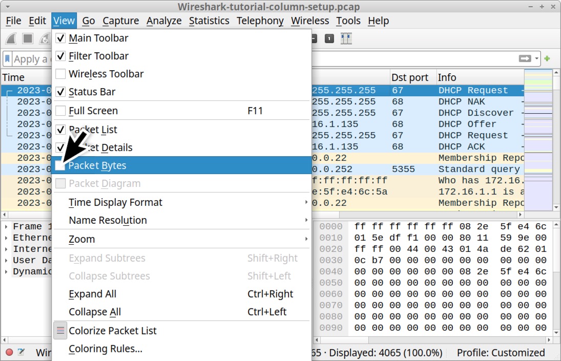 Image 24 is a Wireshark screenshot. Under the view menu, a black arrow indicate to uncheck Packet Bytes.
