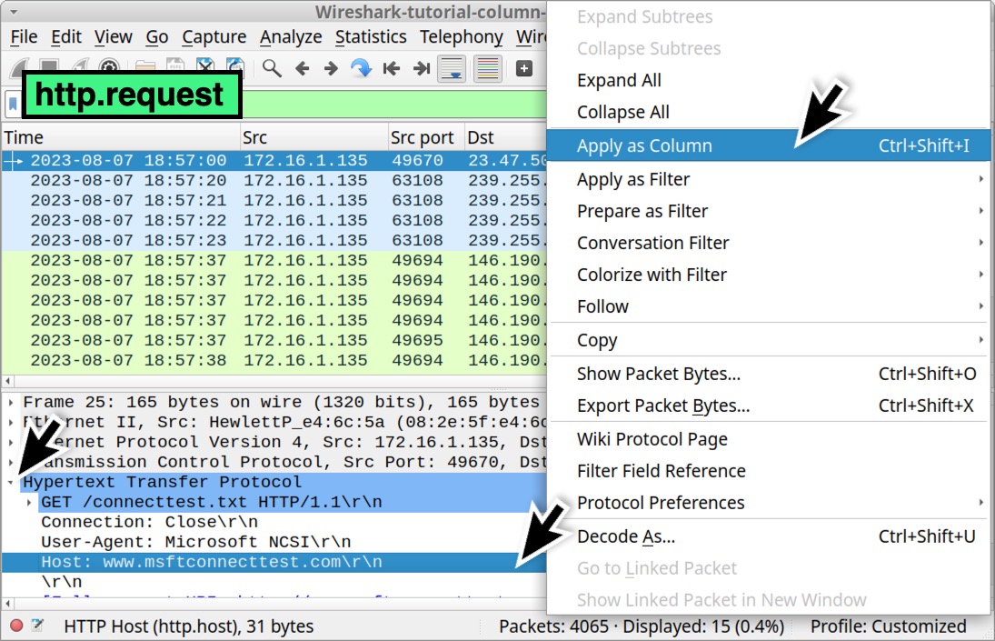 Image 25 is a Wireshark screenshot. Three black arrows indicate that by selecting under the frame details window, you can select Apply as Column from the preferences.