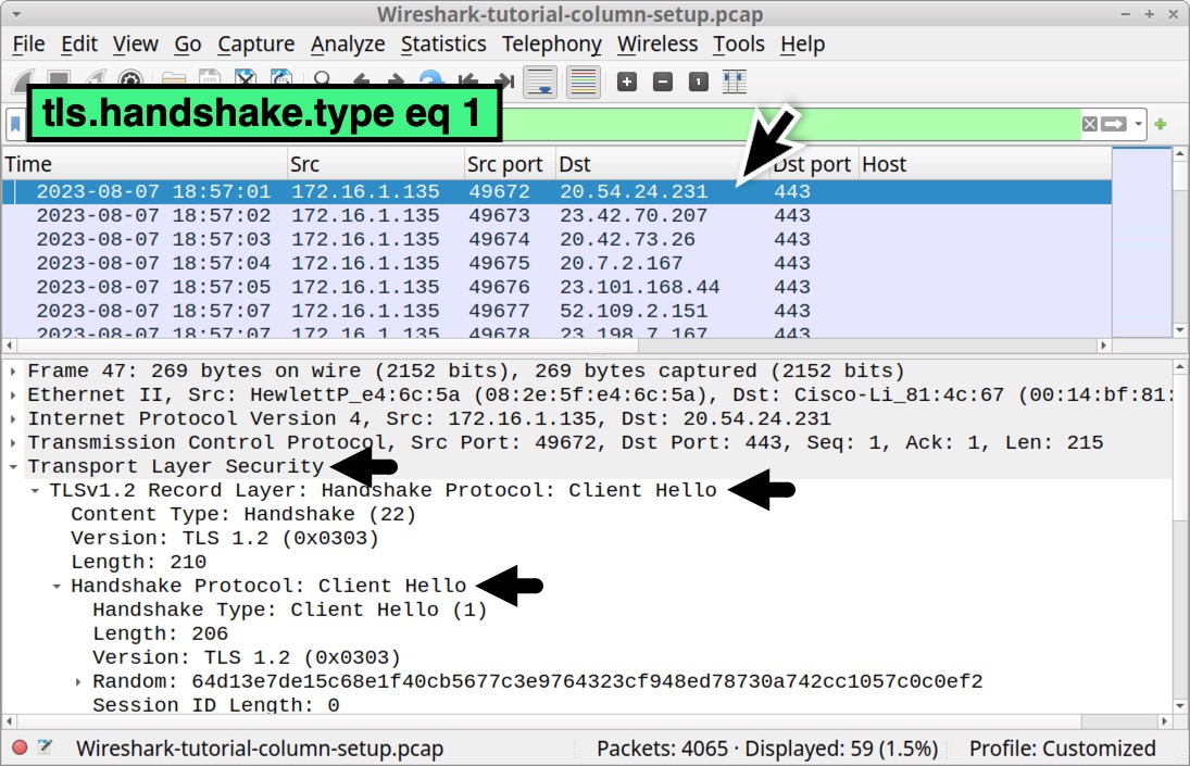 Image 27 is a Wireshark screenshot. A black arrow indicates one line has been selected. three black arrows in the lower pane indicate the details from that line. These include Transport Layer Security, the TLSv1.2 Record Layer, and the Handshake Protocol. The filter used is tls.handshake.type. eq 1. 