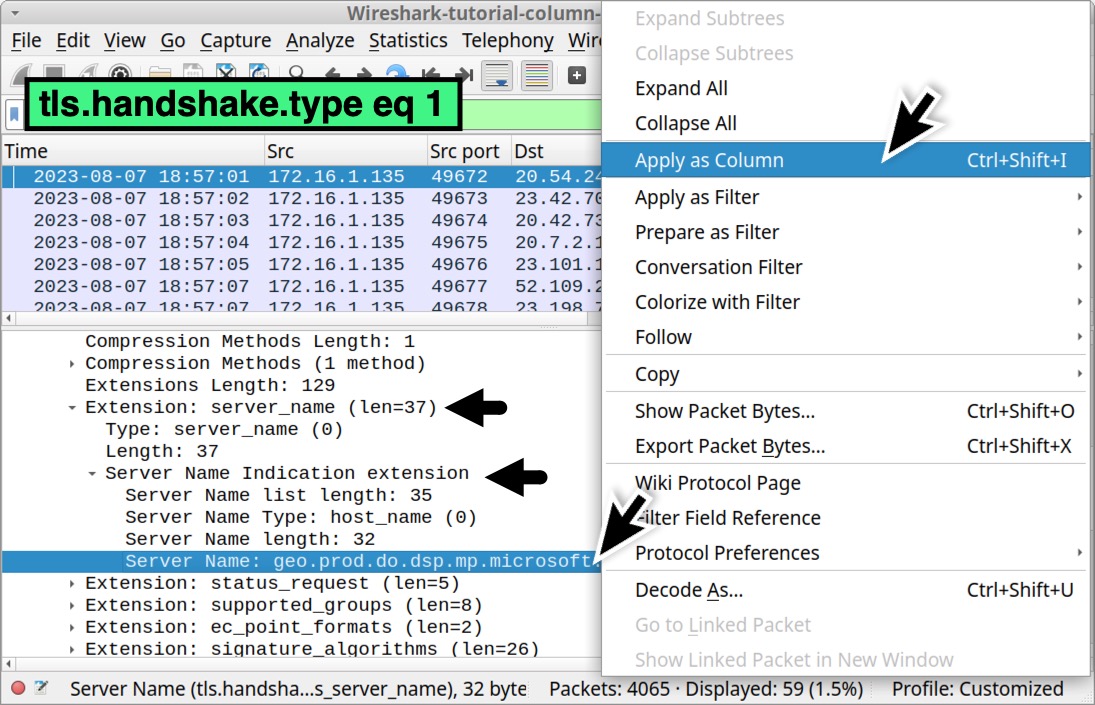 Image 28 is a Wireshark screenshot. A black arrow indicates one line has been selected in the lower pane. Apply as column has been selected from the menu. The filter used is tls.handshake.type. eq 1.