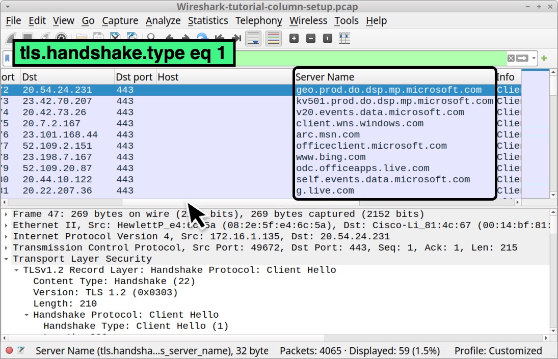 Image 29 is a Wireshark screenshot. A black rectangle indicates the new Server Name column. The filter used is tls.handshake.type. eq 1.