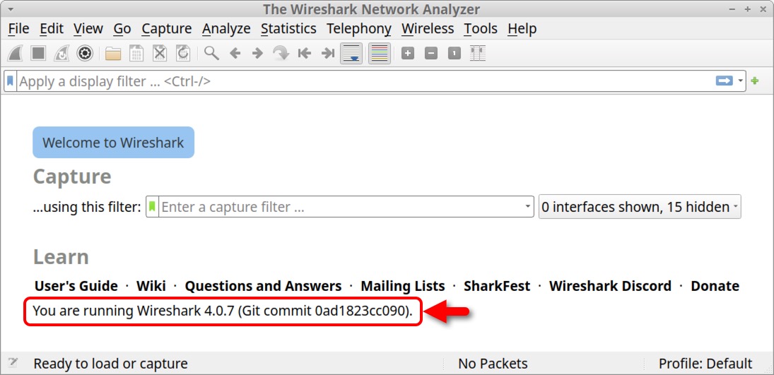 Image 3 a screenshot of the Welcome screen of Wireshark. Highlighted in a red box and indicated by a red arrow is the version number for Wireshark. 