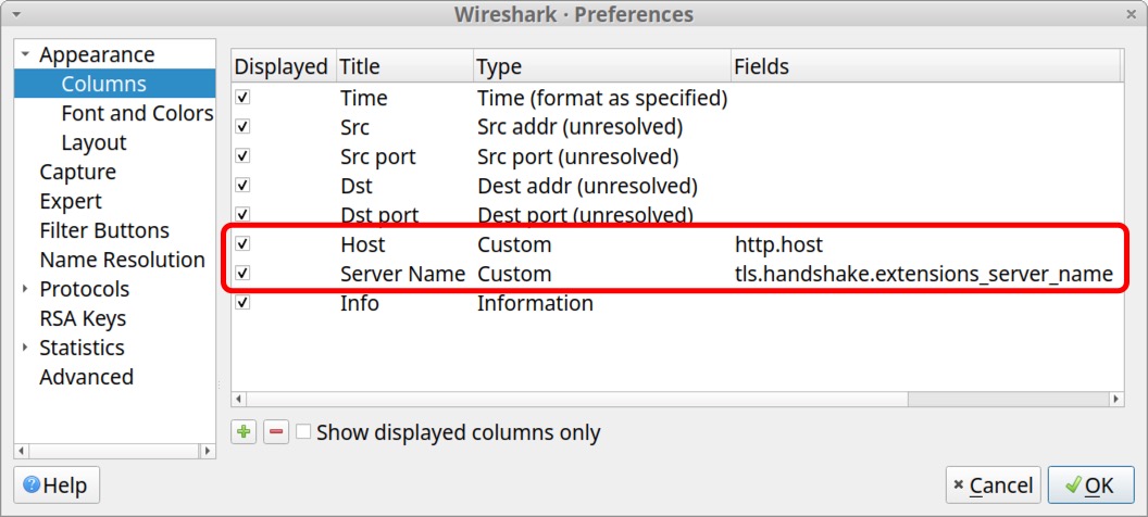 Image 30 is a Wireshark screenshot of the Preferences window. A red rectangle highlights the host and server name in the column display. The type shows the both of these columns are custom.