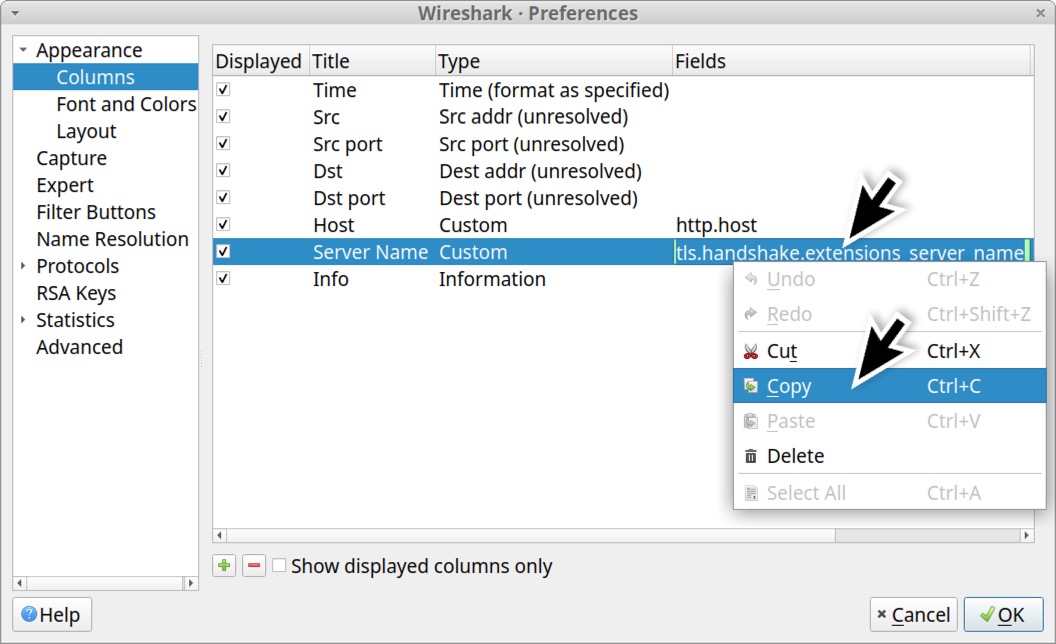 Image 31 is a Wireshark screenshot of the Preferences window. The Server Name column has been selected. A black arrow indicate to copy this column in a popup menu.