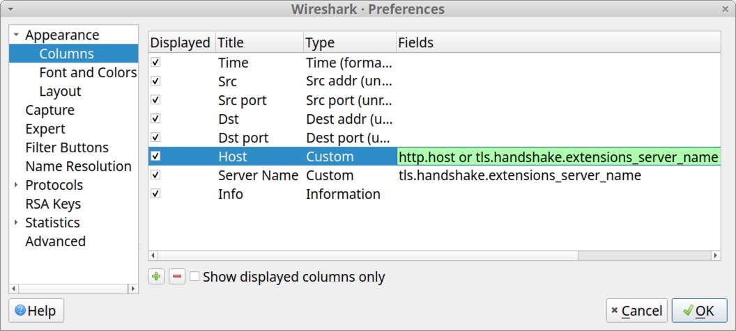 Image 32 is a Wireshark screenshot of the Preferences window. The custom Host row has its Fields column highlighted in green.
