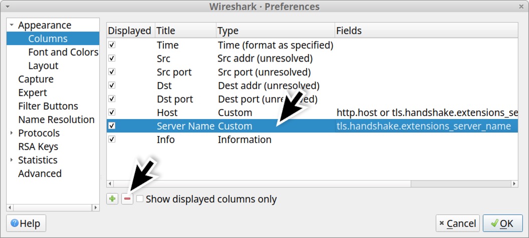 Image 33 is a Wireshark screenshot of the Preferences window. The custom Server Name column is now being deleted. It is selected, and a black arrow indicates to hit the red minus button.