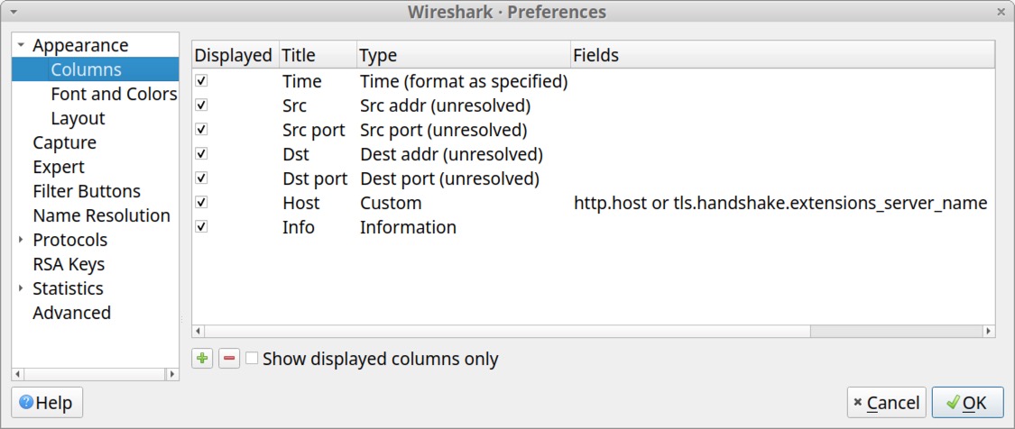 Image 34 is a Wireshark screenshot of the Preferences window. The updated column display list is now time, source, source port, destination, destination port, host, and info.