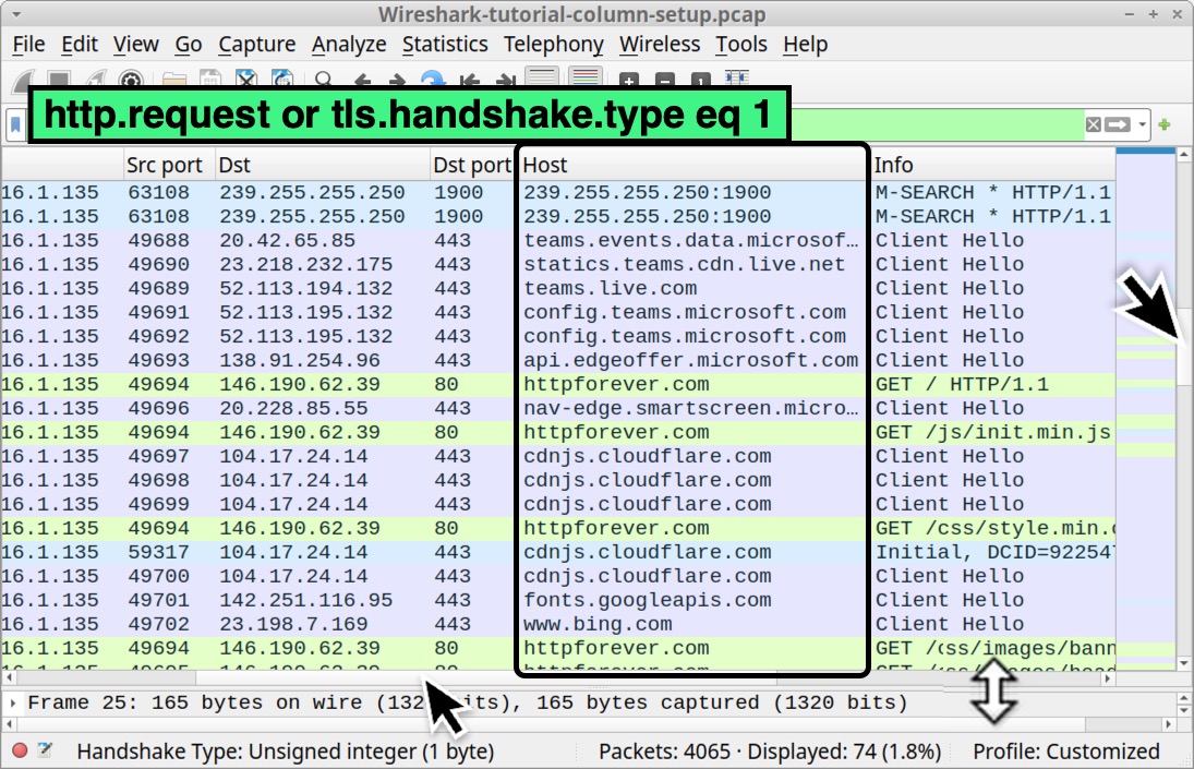Image 35 is a Wireshark screenshot of the updated Host column. It is highlighted by a black rectangle. The filter used is http.request or tls.handshake.type eq 1.