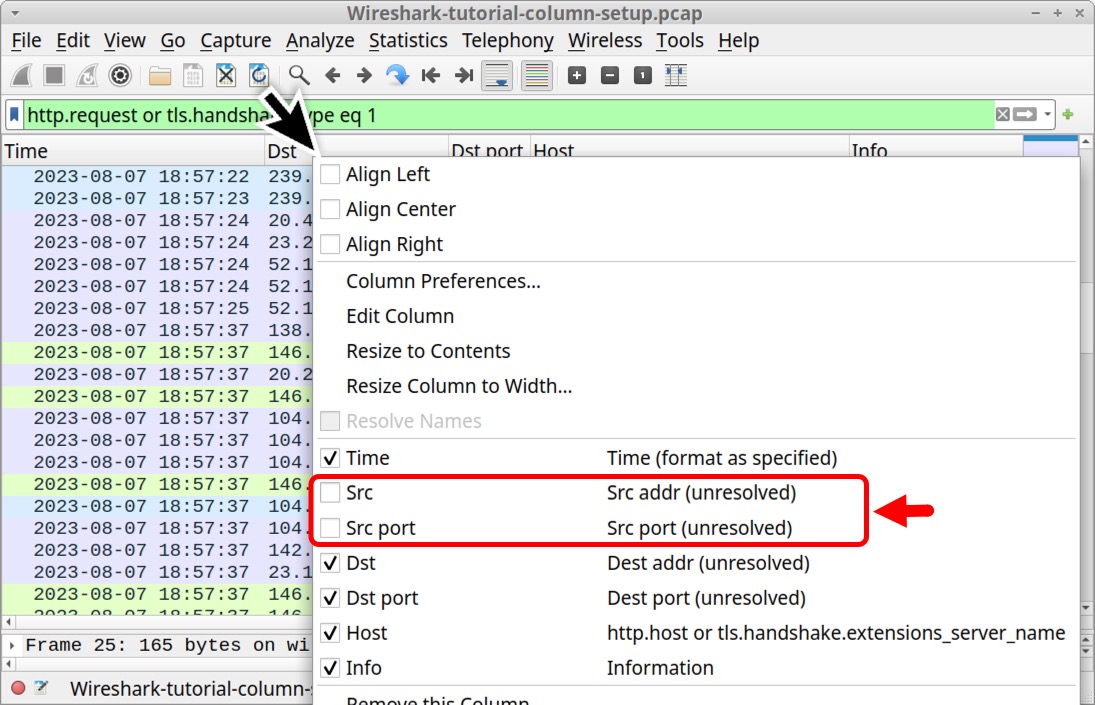 Image 36 is a Wireshark screenshot demonstrating how to hide the Source and Source Port columns by unchecking boxes from the menu.