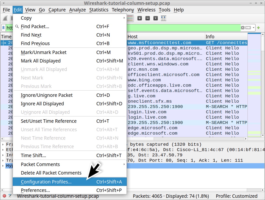 Image 38 is a Wireshark screenshot. From the edit menu, Configuration Profiles has been selected, as indicated by the black arrow.