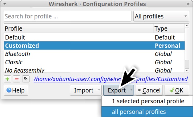 Image 39 is a screenshot of Wireshark's Configuration Profiles menu. Highlighted in blue is customized profile with the type being personal. A black arrow indicate to select Export, with all personal profiles being selected from the drop down menu.