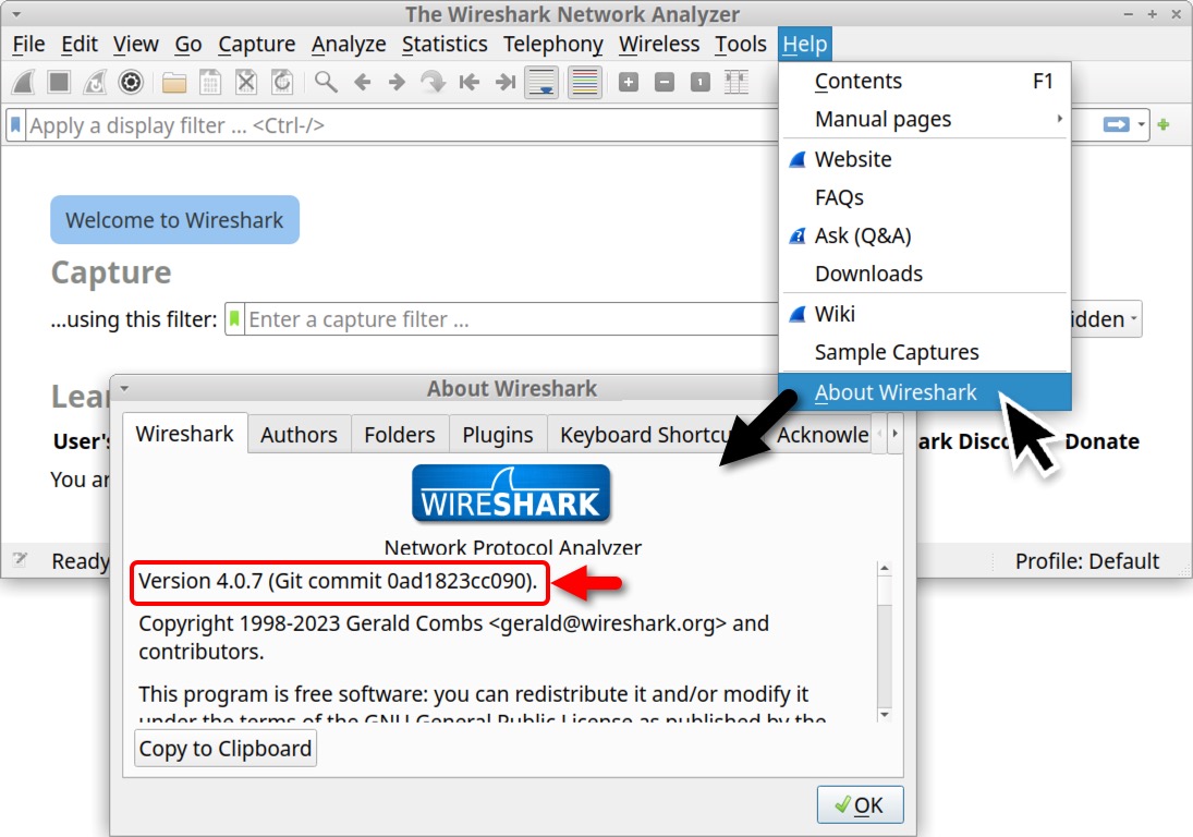 Image 4 is a screenshot of Wireshark's welcome screen. The help menu has been selected. A black arrow indicates to select About Wireshark. An inset popup of the About Wireshark menu shows the first tab, which is Wireshark. Indicated by a red rectangle and a red arrow is the version number. Here it is version 4.0.7.