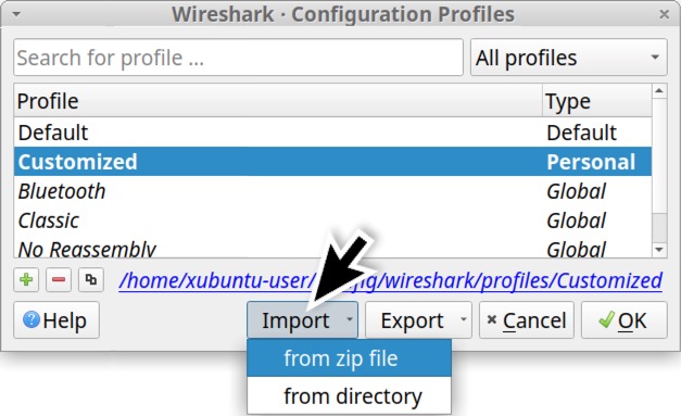 Image 41 displays how to import a profile from a zip into Wireshark. Indicated by a black arrow is the import button. From the zip file has been selected from the drop-down menu.