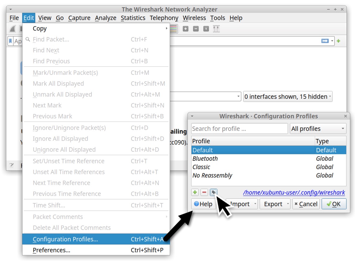 Image 5 is a screenshot of Wireshark’s Edit menu. Highlighted is the configuration profiles option. A black arrow indicates the pop-up window that comes up when this is selected. This is where you will copy the default profile and give it a new name. In the configure figuration profile, the default is selected, and a black arrow points to the copy icon.