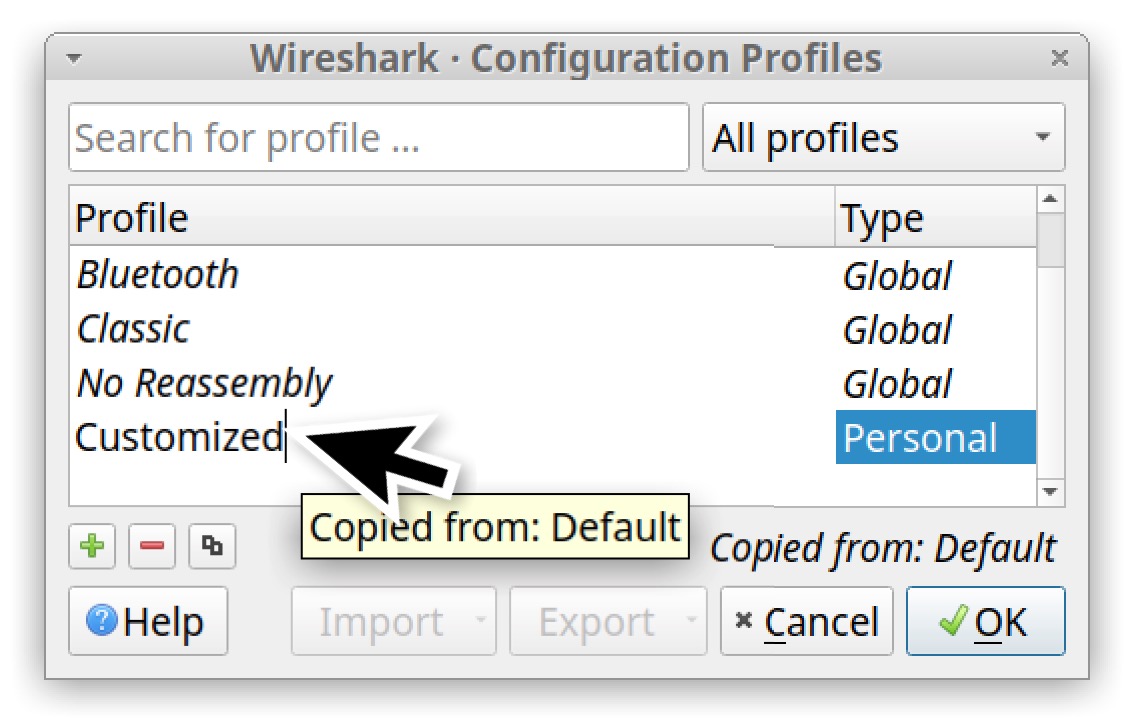 Image 6 is a screenshot of the configuration profile window in Wireshark. A black arrow indicates the new, customized configuration profile, and the type is Personal. A tooltip notes that it is copied from the default.