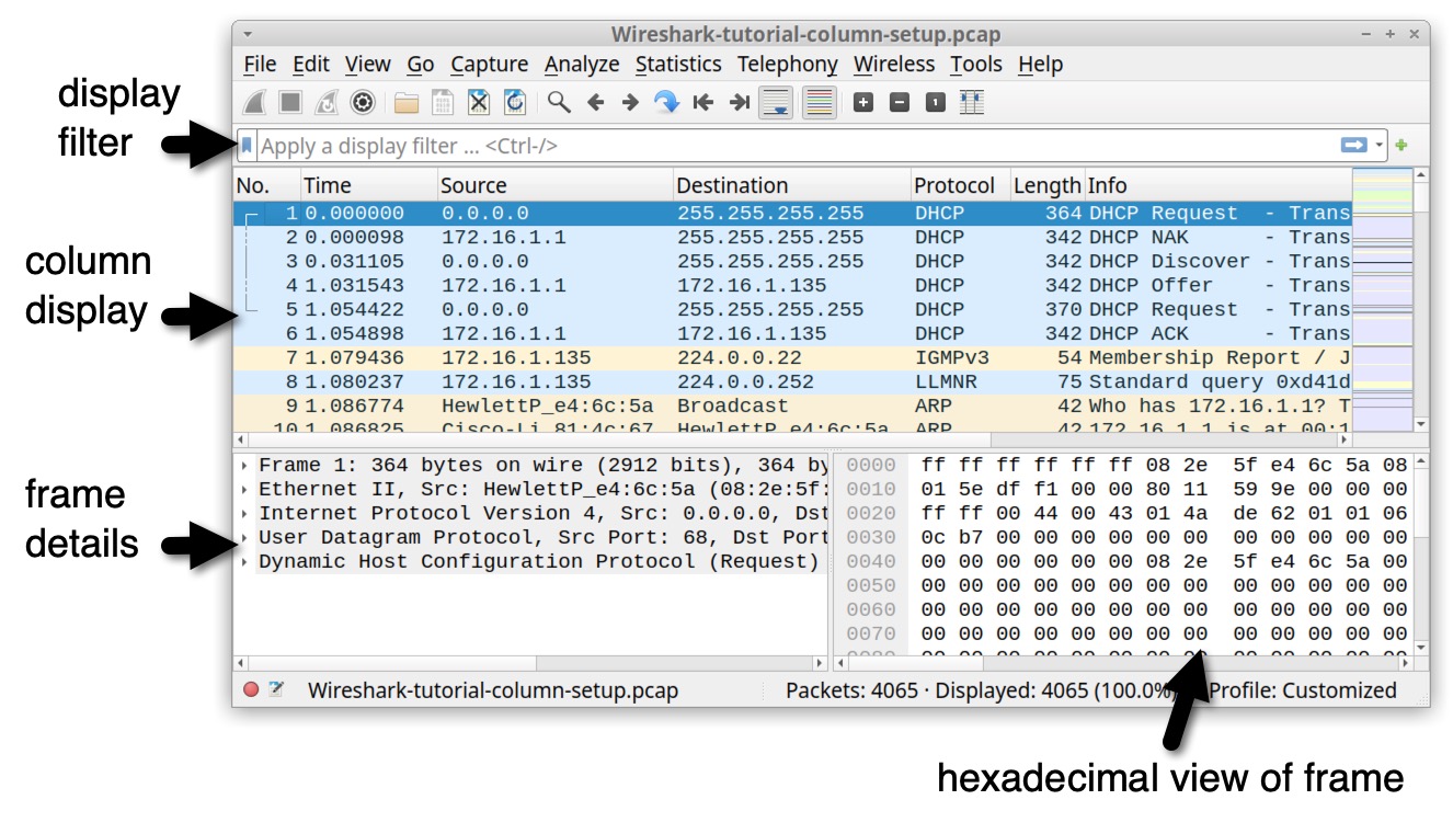 Image 7 is a screenshot of Wireshark that shows the default layout. Black arrows indicate, from the top down, the display filter, the column display, and the frame details. Another window shows the hexadecimal view of the frame.