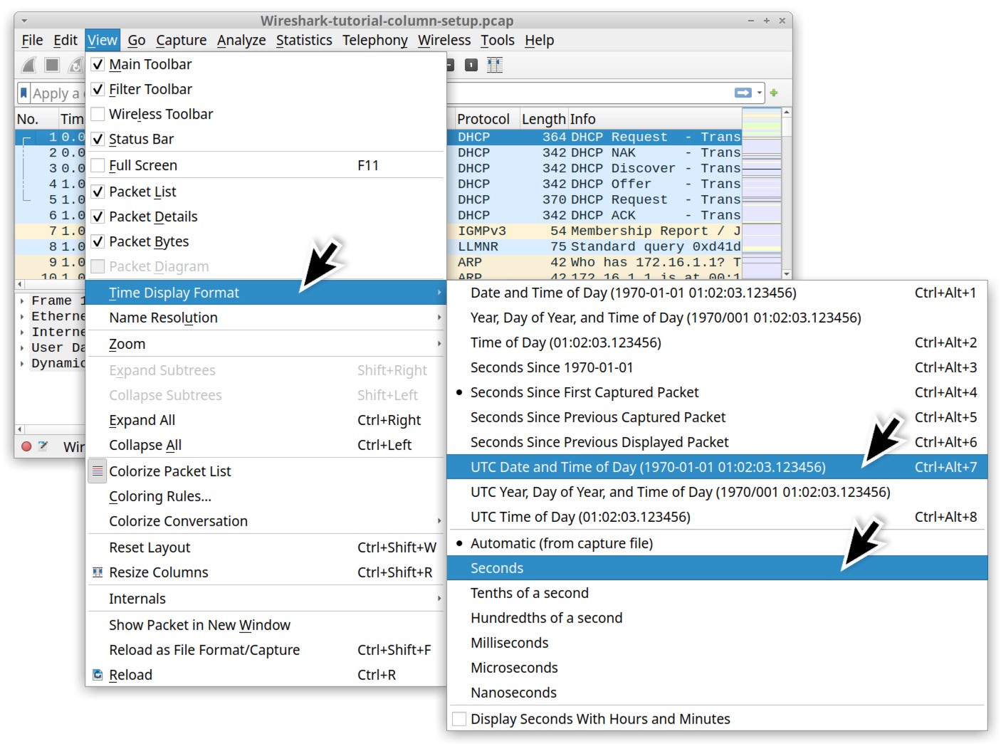 Image 8 is a screenshot of the main view menu in Wireshark. A black arrow indicates that the time display format has been selected. A second menu from time display format shows the different options. Two black arrows indicate two separate selections. The first is UTC date and time of day, and the other is seconds. This will change Wireshark's time display format to UTC and seconds. Other options include nanoseconds, hundredths of a second, time of day, etc.