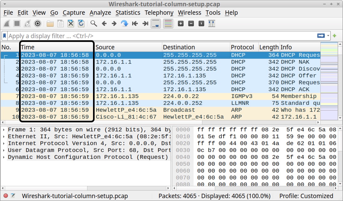 Image 9 is a screenshot of Wireshark showing the changed time display. The time column is highlighted with an a black rectangle. It now displays the time with seconds in a UTC format.