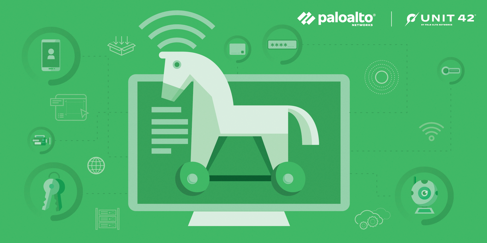 A pictorial representation of a fake PoC distributing VenomRAT. A Trojan horse against a computer screen is on a green background. Palo Alto Networks logo. Unit 42 logo.